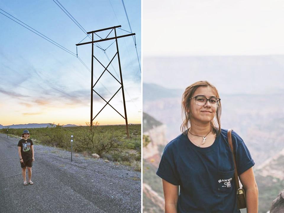 Left: person on the left side standing on a road with the sunsetting in the background. Right: Person standing in front of blurry, foggy grand canyon ,
