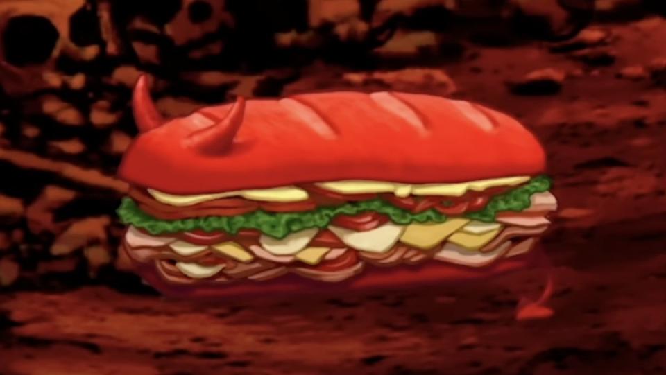 The Broodwich, a red horned-bread sandwich from Aqua Teen Hunger Force, near skulls