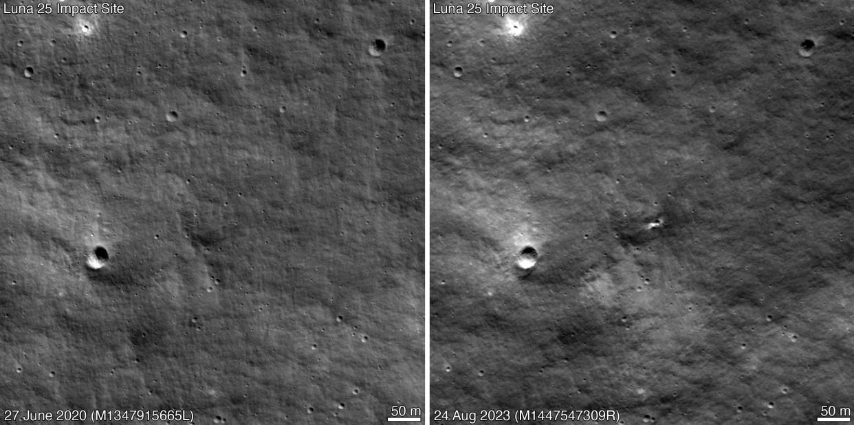 NASA’s Lunar Reconnaissance Orbiter (LRO) spacecraft imaged a new crater on the Moon’s surface that is likely the impact site of Russia’s Luna 25 mission.
The most recent "before" image (left) of the area was captured in June 27, 2020. LRO’s “after” image of the area (right) was captured in on Aug. 24, 2023.
During its descent, Luna 25 experienced an anomaly that caused it to impact the surface of the Moon on Aug. 19.
Roscosmos, Russia’s space agency, published an estimate of the impact point on Aug. 21. The LROC (short for LRO Camera) team and the LRO Mission Operations team were able to design and send commands to the LRO spacecraft on Aug. 22 to capture images of the site. The sequence began on Aug. 24 at 2:15 p.m. EDT (18:15 UTC) and was completed about four hours later, at 6:12 p.m. EDT (22:12 UTC). The LROC team compared images taken prior to the impact time and the sequence taken after and found a small new crater.