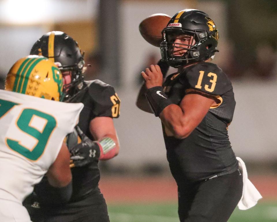 Michael Ramos Jr., of Yucca Valley High throws for a two-point conversion against Coachella Valley in Yucca Valley, Calif., Oct. 6, 2023.