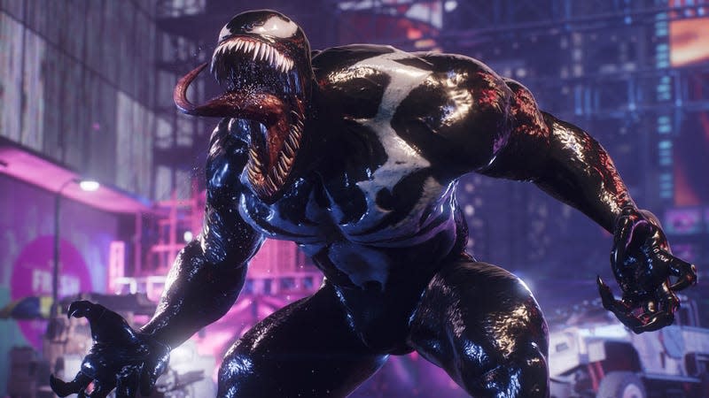 Venom screams in Time Square. 