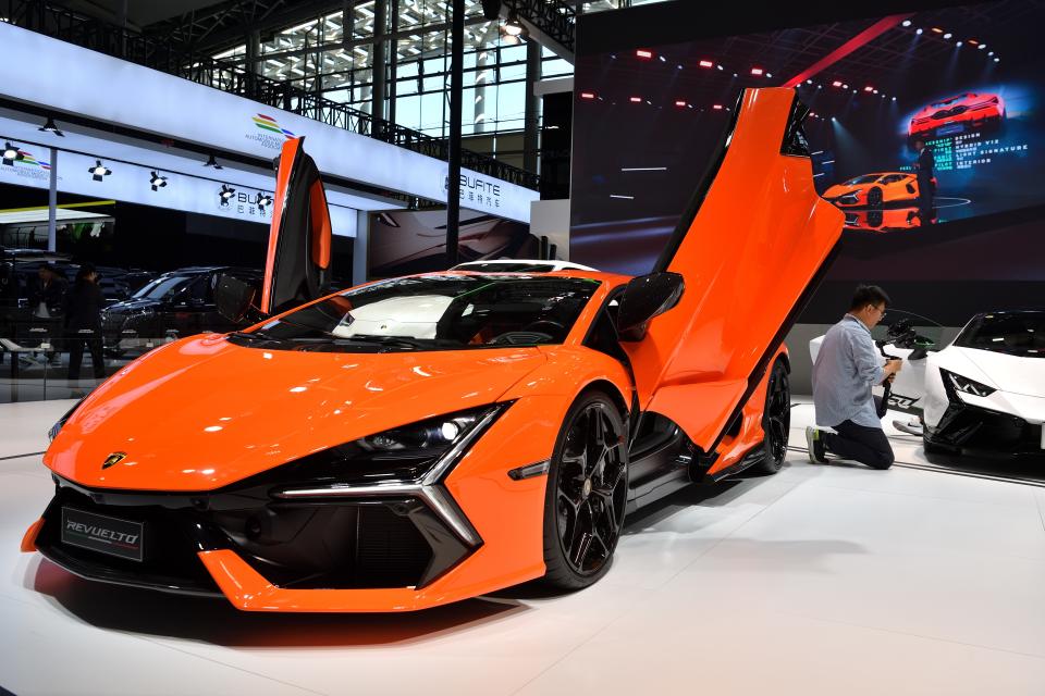 GUANGZHOU, CHINA - NOVEMBER 17: A Lamborghini Revuelto sports car is on display during the Auto Guangzhou 2023 at China Import & Export Fair Pazhou Complex on November 17, 2023 in Guangzhou, Guangdong Province of China. (Photo by Chen Yihang/VCG via Getty Images)