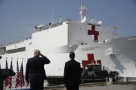 President Donald Trump salutes as the U.S. Navy hospital ship USNS Comfort pulls away from the pier at Naval Station Norfolk in Norfolk, Va., Saturday, March 28, 2020. The ship is departing for New York to assist hospitals responding to the coronavirus outbreak. Defense Secretary Mark Esper is at right. (AP Photo/Patrick Semansky)