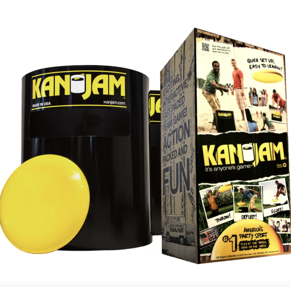 Kan Jam Frisbee Set with yellow disc and black can and kan jam box (Photo via Wayfair)