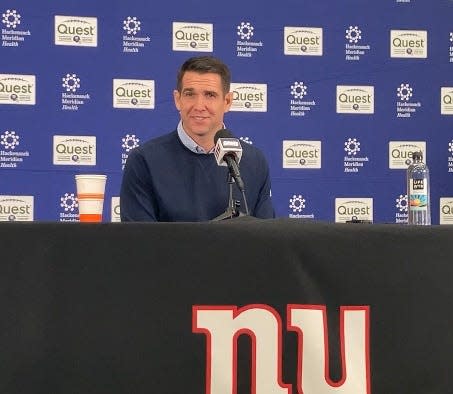 New York Giants general manager Joe Schoen talks to the media during his bye week news conference Monday afternoon in East Rutherford, NJ.