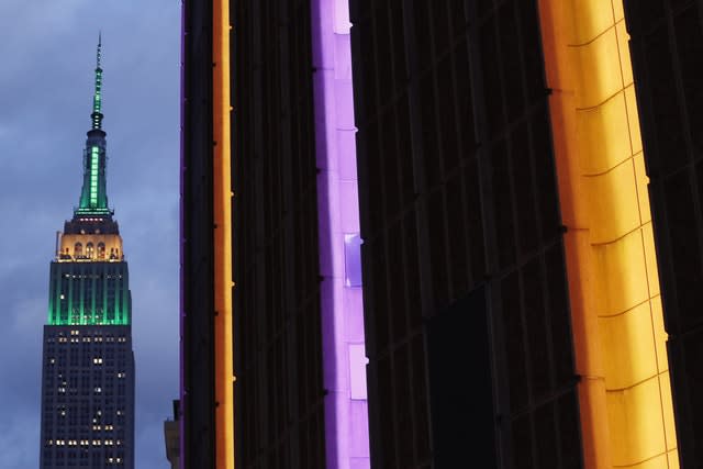 The exterior of Madison Square Garden was coloured orange and purple