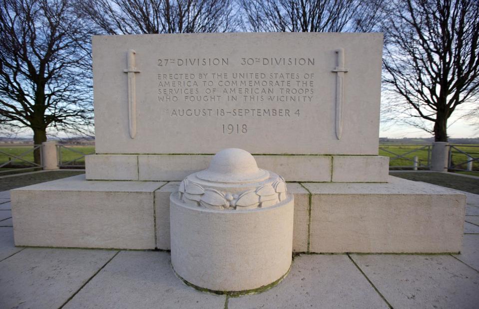 FILE In this Dec. 18, 2013 file photo, the American World War One monument on the road to Kemmel, Belgium. The monument was built by the United States of America to commemorate the services of American troops, the 27th Division and 30th Division, who fought in the Ypres-Lys offensive with the British Army in 1918. On Wednesday, March 25, 2014, President Barack Obama will honor those Americans who died in a struggle so all-encompassing, so horrific, it simply became known as the Great War. Obama thus pre-empts most of the continental centennial remembrances which are tarteged at the early August 1914 start of hostilities which pitted the German and Austro-Hungarian empires against France, Britain and Russia and others. (AP Photo/Virginia Mayo, File)