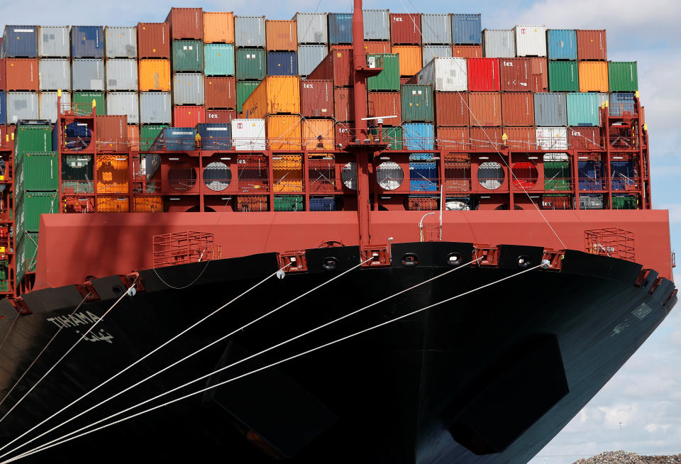 Shipping containers are stacked on a cargo ship in the dock at the ABP port in Southampton, Britain August 16, 2017. Picture taken August 16, 2017.  REUTERS/Peter Nicholls