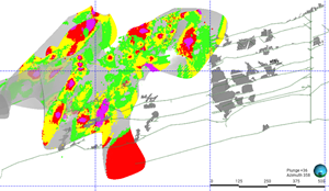 FIGURE 2. Oblique view of Wedge resource showing 2022 SRK Block Model and location of previous drilling highlights noted in this press release.1