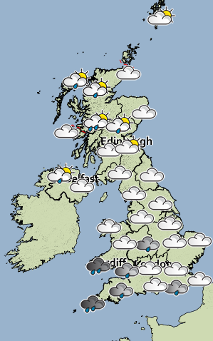 Today's outlook for 1pm shows a mostly cloudy day with rain in the South West. - Credit: Met Office