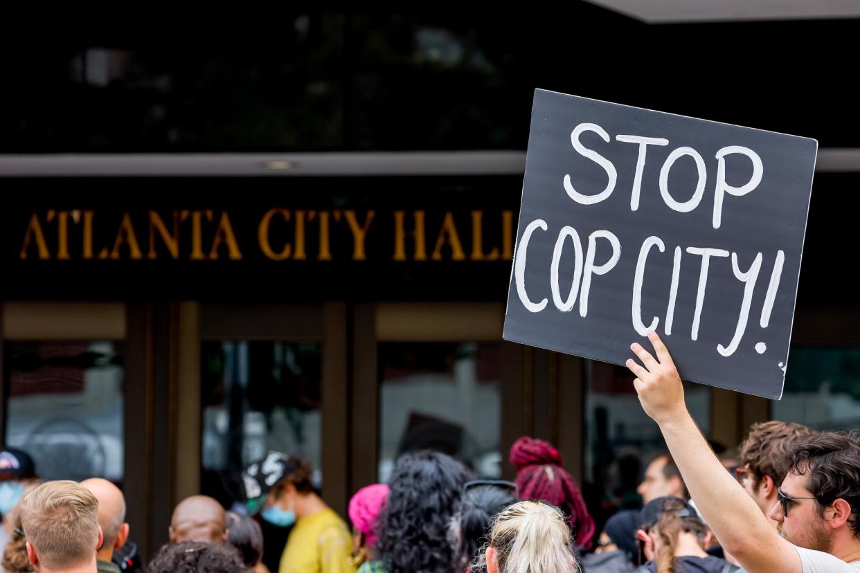 <span>People protest ‘cop city’ in Atlanta, Georgia, on 5 June 2023.</span><span>Photograph: Erik S Lesser/EPA</span>