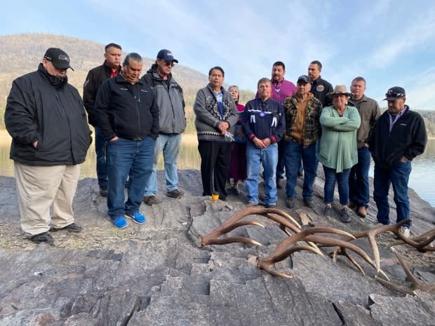 Sinixt members of the Confederated Tribes of the Colville Reservation gathered for a prayer event in Kettle Falls, WA. before the Supreme Court of Canada released its decision. (Supplied/Shelly Boyd - image credit)