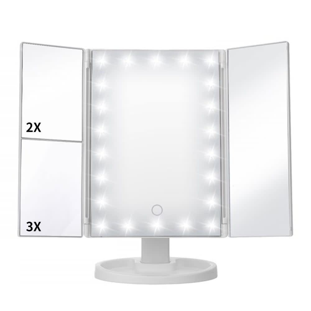 <p><a href="https://go.redirectingat.com?id=74968X1596630&url=https%3A%2F%2Fwww.walmart.com%2Fip%2FMakeup-Vanity-Mirror-22-LED-Lights-1x-2X-3X-Magnification-Lighted-Mirror-Touch-Control-Trifold-180-Degree-Rotation-White-Portable-Women-Gift%2F494247673&sref=https%3A%2F%2Fwww.popularmechanics.com%2Fhome%2Finterior-projects%2Fg38234143%2Fbest-bathroom-mirrors%2F" rel="nofollow noopener" target="_blank" data-ylk="slk:Shop Now;elm:context_link;itc:0;sec:content-canvas" class="link rapid-noclick-resp">Shop Now</a></p><p>Makeup Vanity Mirror with LED Lights</p><p>$23.99</p><p>walmart.com</p>