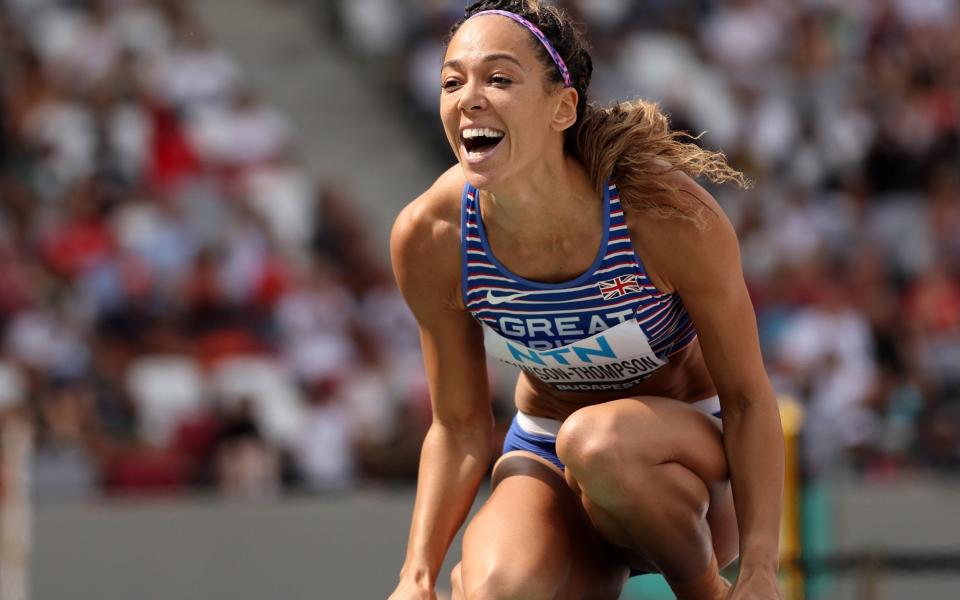 Katarina Johnson-Thompson of Team Great Britain reacts during the Heptathlon - Women's High Jump during day one of the World Athletics Championships Budapest 2023