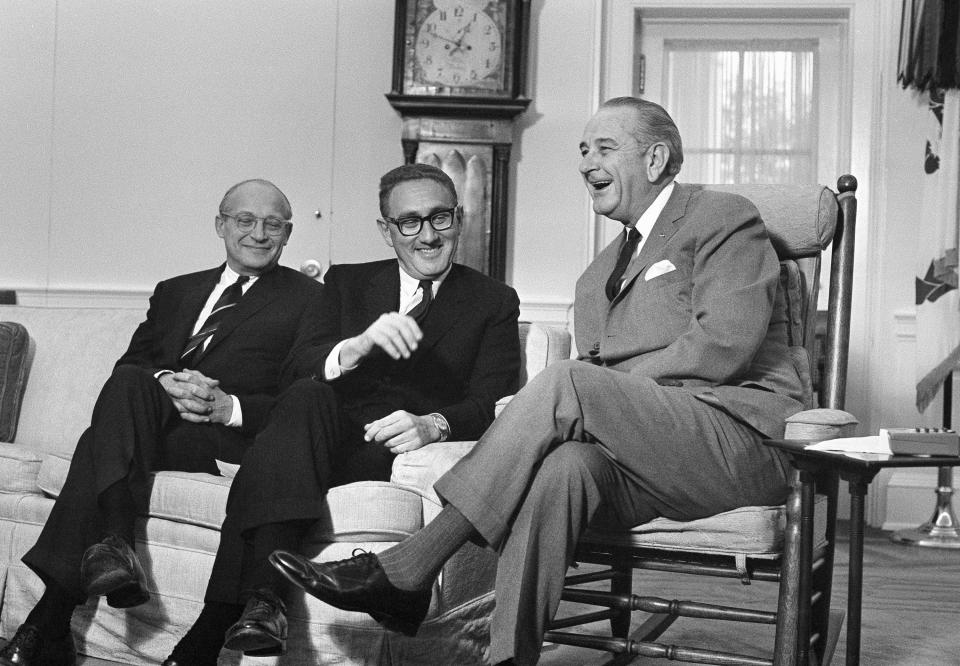 President Lyndon Johnson conferred at the White House in Washington on Dec. 5, 1968 with Harvard Prof. Henry A. Kissinger who will be Richard Nixon?s assistant for national security affairs. At left is Walt W. Rostow who has been Johnson?s assistant for national security affairs. President-elect Nixon announced the appointment of the 45-year-old Kissinger at a New York news conference earlier in the week.