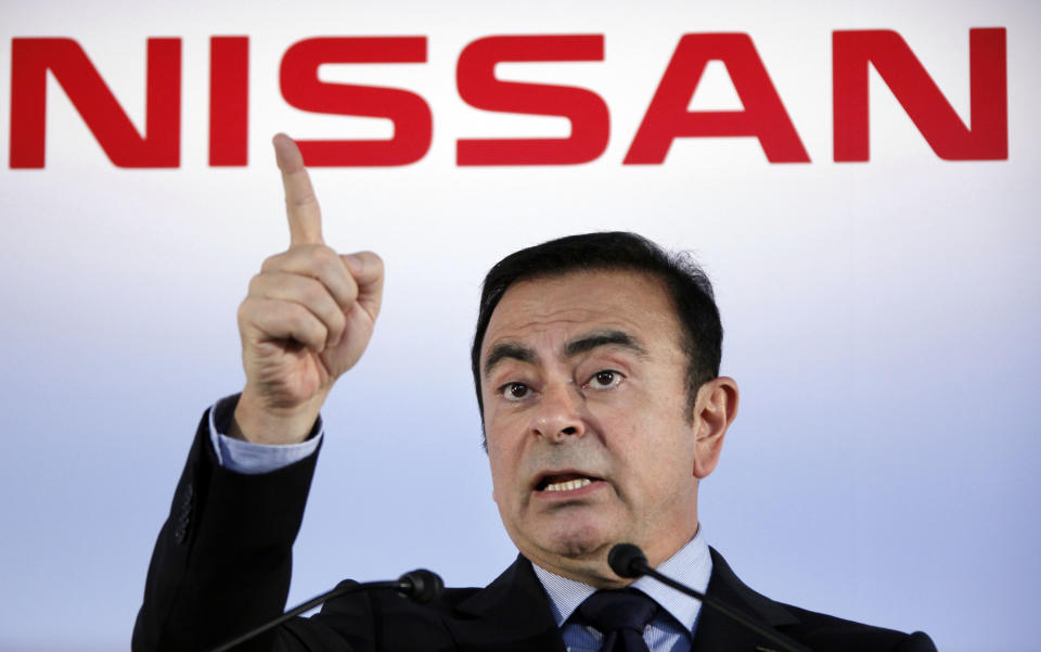 FILE - In this May 11, 2012, file photo, then Nissan Motor Co. President and CEO Carlos Ghosn speak during a press conference in Yokohama, near Tokyo. Ghosn, Nissan’s former chairman, under arrest on charges of falsifying financial reports, has a high fever, causing visits and questioning to be canceled, his lawyer Motonari Ohtsuru said Thursday. (AP Photo/Koji Sasahara, File)