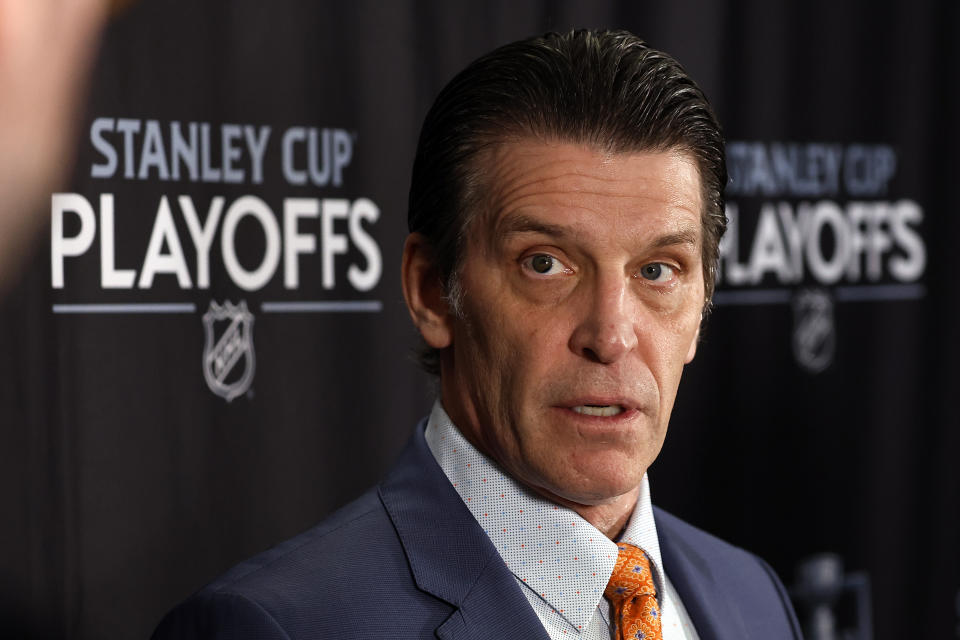 New York Islanders head coach Lane Lambert speaks to the media following the Islanders loss to the Carolina Hurricanes in Game 1 of an NHL hockey Stanley Cup first-round playoff series in Raleigh, N.C., Monday, April 17, 2023. (AP Photo/Karl B DeBlaker)
