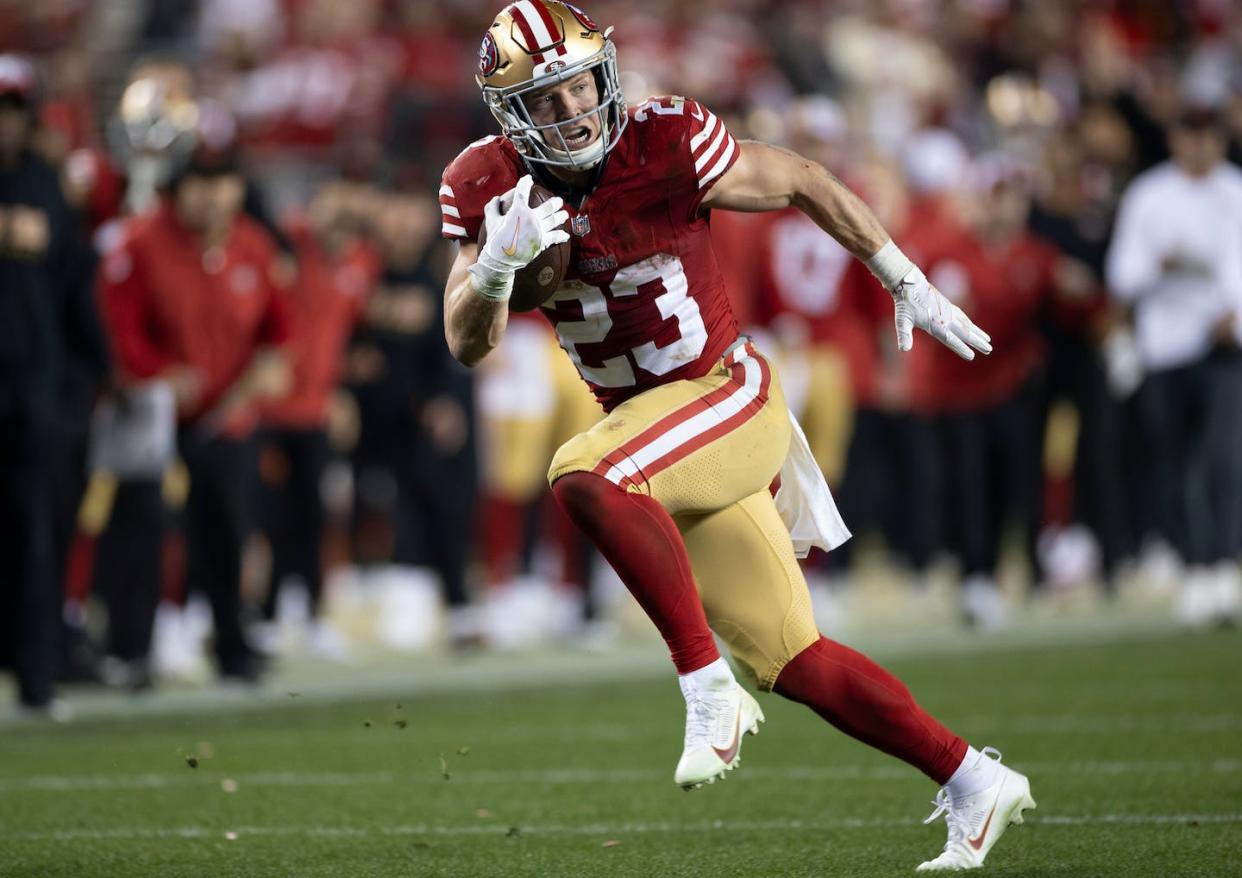 Christian McCaffrey and the San Francisco 49ers will try to stop the Kansas City Chiefs from winning their third Super Bowl in five years. <a href="https://www.gettyimages.com/detail/news-photo/christian-mccaffrey-of-the-san-francisco-49ers-rushes-news-photo/1976854646?adppopup=true" rel="nofollow noopener" target="_blank" data-ylk="slk:Michael Zagaris/Getty Images;elm:context_link;itc:0;sec:content-canvas" class="link ">Michael Zagaris/Getty Images</a>