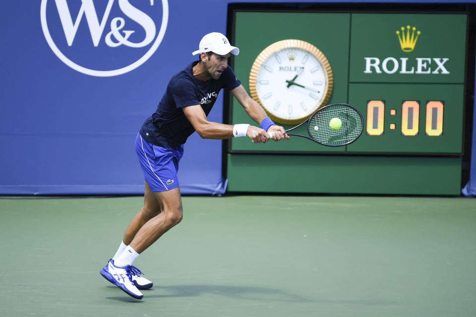 Novak Djokovic practices at the 2020 Western & Southern Open at the USTA Billie Jean King National Tennis Center. 