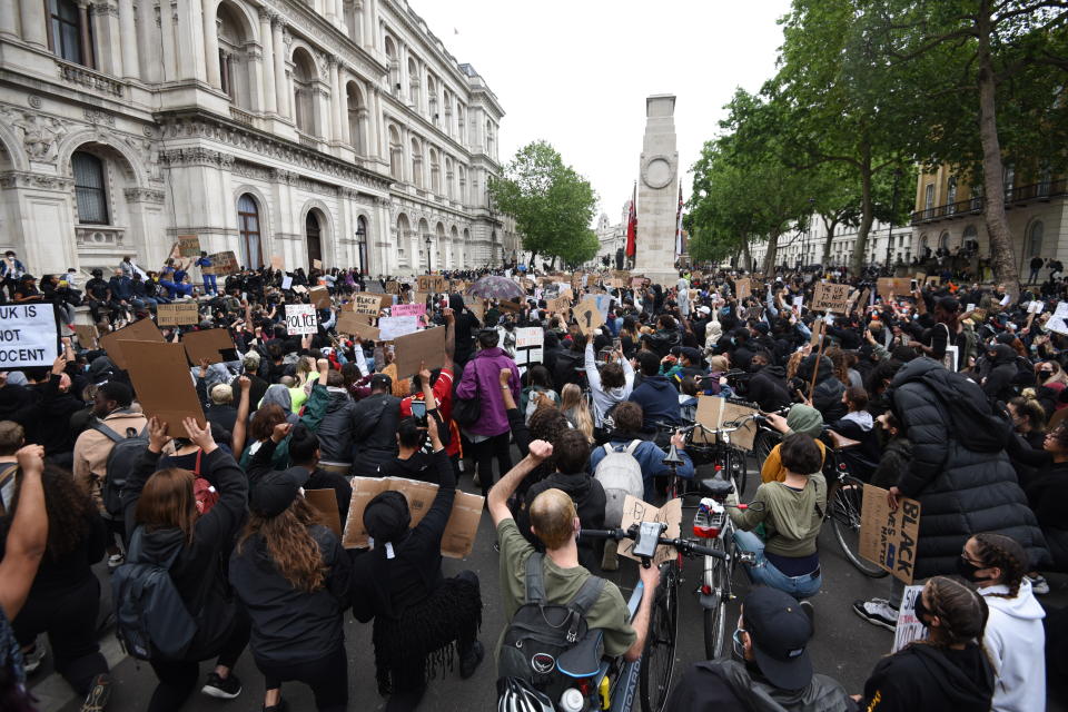 LONDON, ENGLAND - JUNE 07: Protesters attend the Black Lives Matter Demonstration at Whitehall in central London, United Kingdom on June 7, 2020. (Photo by Kate Green/Anadolu Agency via Getty Images)