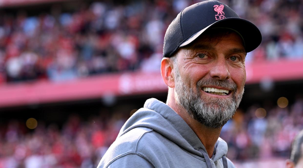  Liverpool manager Jurgen Klopp smiles during the Premier League match between Liverpool and Aston Villa at Anfield on May 20, 2023 in Liverpool, England. 