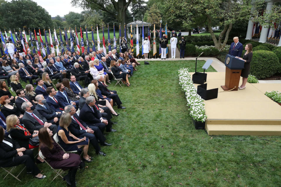 <div class="inline-image__caption"><p>Amy Coney Barrett spoke in the Rose Garden, at what would turn out to be a COVID-19 superspreader event, after U.S. President Donald Trump announced that she would be his nominee to the Supreme Court, September 26, 2020.</p></div> <div class="inline-image__credit">Chip Somodevilla/Getty</div>