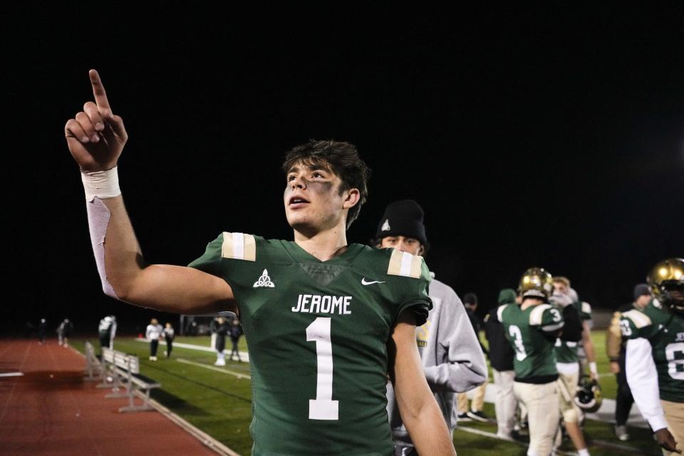 Dublin Jerome’s Kyle White (1) points toward stands after the Celtics defeated Olentangy 24-14 in a Division I first-round playoff game Oct. 28.