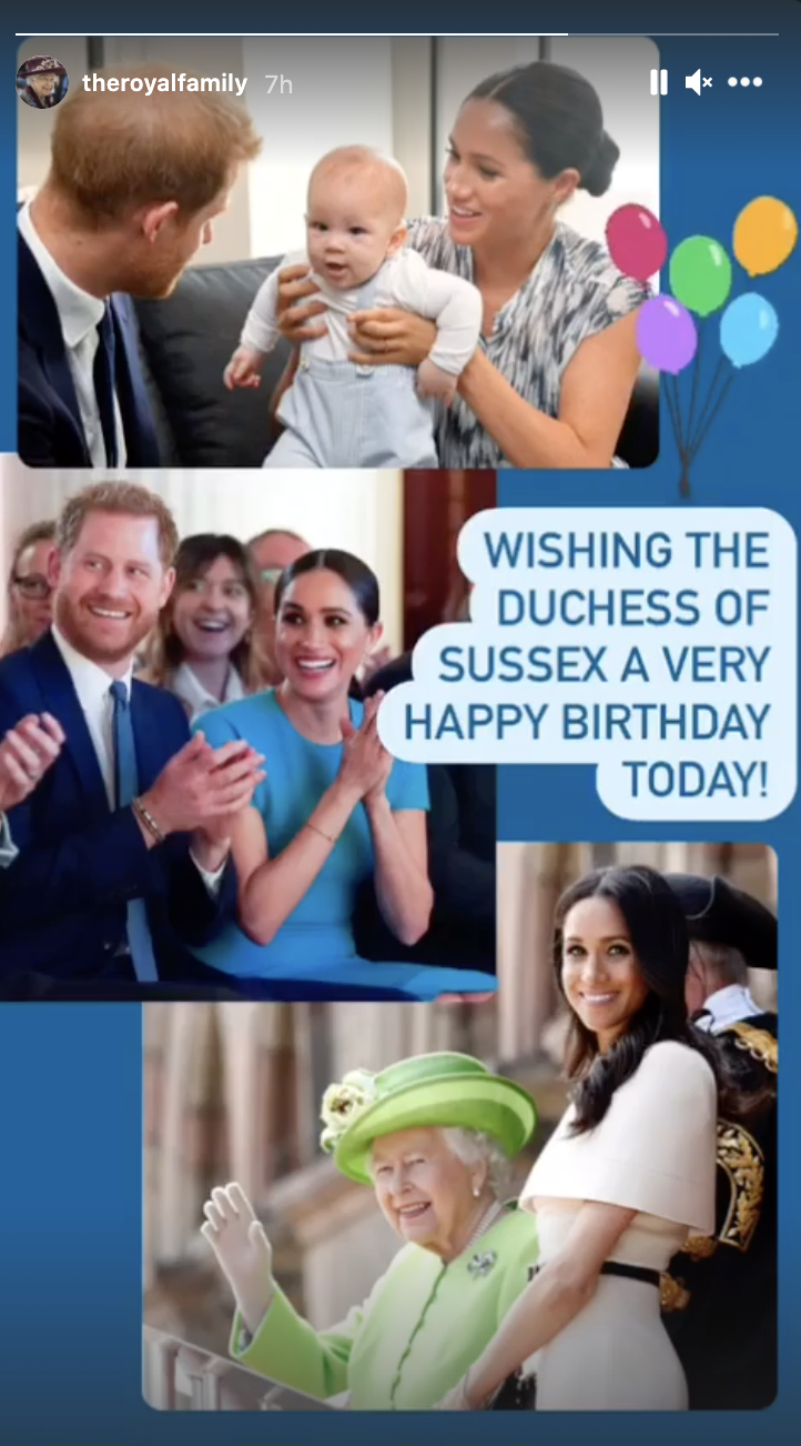 @theroyalfamily Instagram Story wishes Meghan Markle a happy birthday - Credit: @theroyalfamily/Instagram.