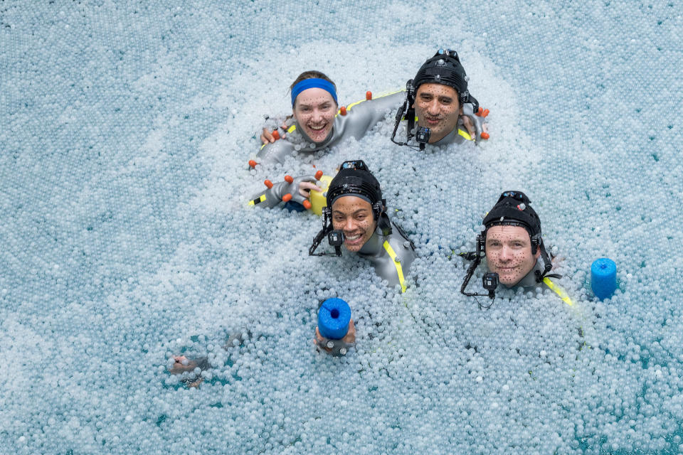 Zoe Saldana, Sam Worthington, Kate Winslet, and Cliff Curtis on the set of <i>Avatar: The Way of Water</i>.<span class="copyright">20th Century Studios</span>