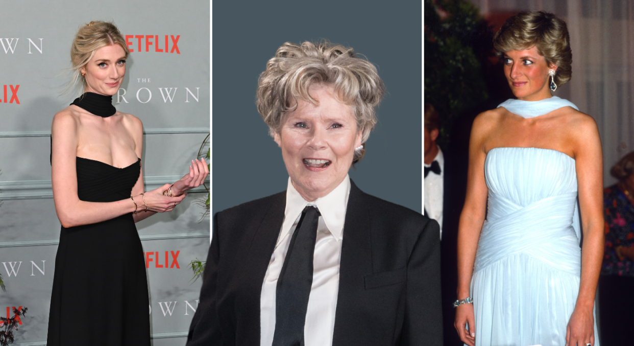 Imelda Staunton, who plays the late Queen Elizabeth, led the stars of The Crown on the red carpet last night. (Getty Images)