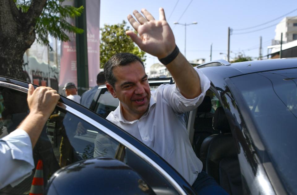 FILE - Opposition leader Alexis Tsipras, head of the left-wing Syriza party, leaves after voting at a polling station in Athens, Greece, Sunday, June 25, 2023. Greece’s left-wing opposition leader, Alexis Tsipras has announced his decision to step down after a crushing election defeat. Tsipras made the announcement on Thursday, June 29, 2023. The 48 year-old politician served as Greece’s prime minister from 2015 to 2019 during politically tumultuous years as the country struggled to remain in the euro zone and end a series of international bailouts. (AP Photo/Michael Varaklas, File)