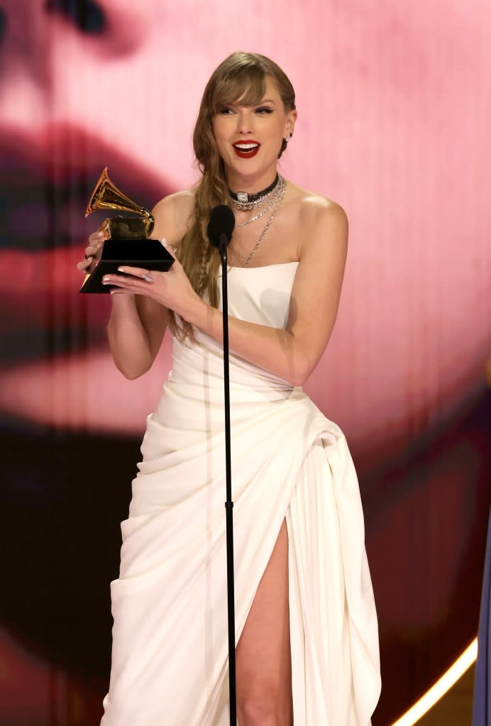 Taylor Swift won her record fourth Album of the Year Grammy for “Midnights” in February. Getty Images for The Recording Academy