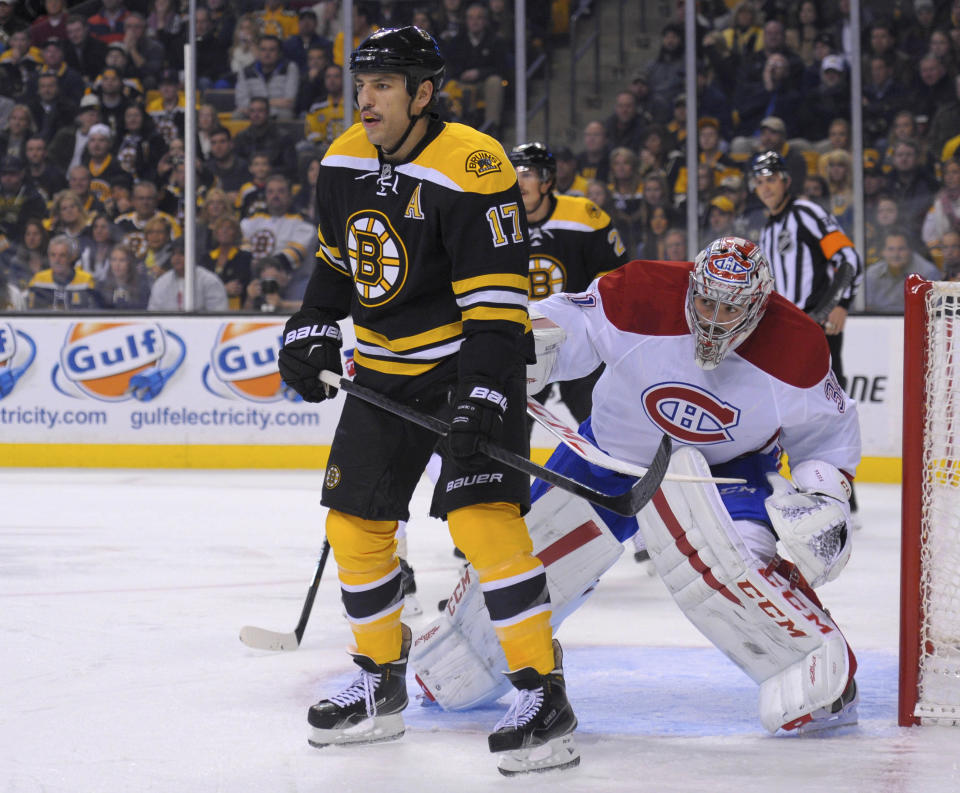 Nov 22, 2014; Boston, MA, USA; Boston Bruins left wing Milan Lucic (17) screens Montreal Canadiens goalie Carey Price (31) during the first period at TD Banknorth Garden. (Bob DeChiara-USA TODAY Sports)