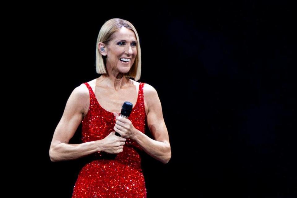 Celine Dion performs at the Spectrum Center in Charlotte during her 2020 “Courage World Tour” on Tuesday night.