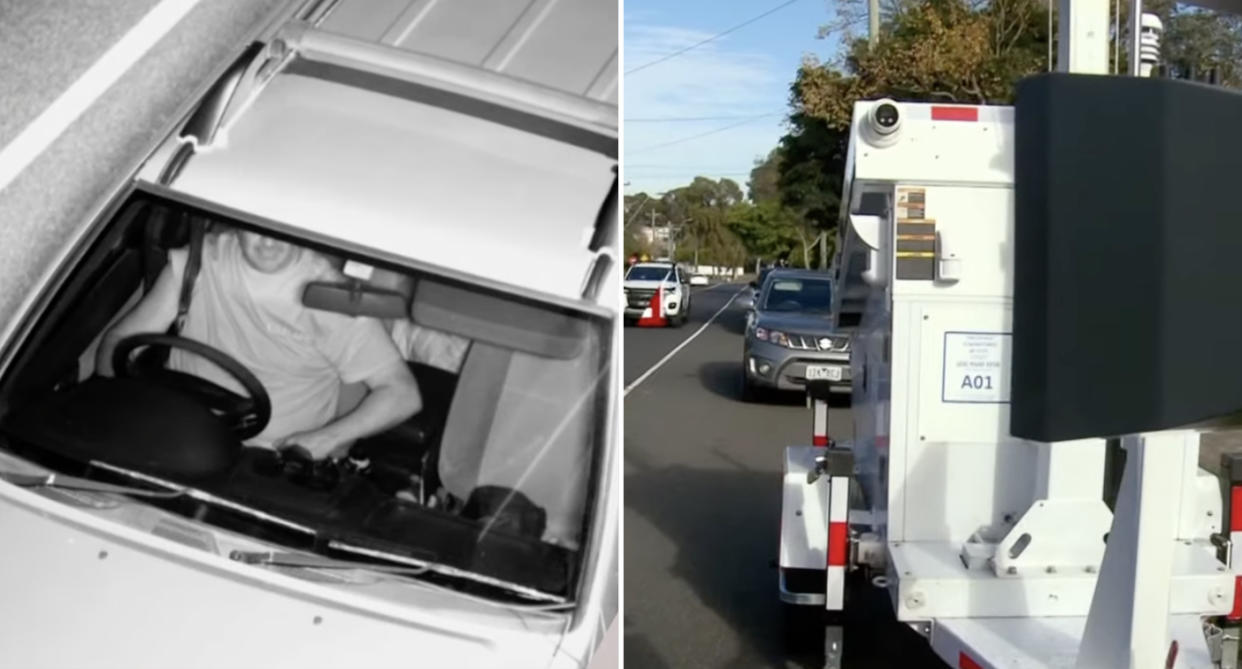 Left, a man caught using his mobile phone behind the wheel. Right, one of the new mobile phone and seatbelt detection cameras in Victoria.
