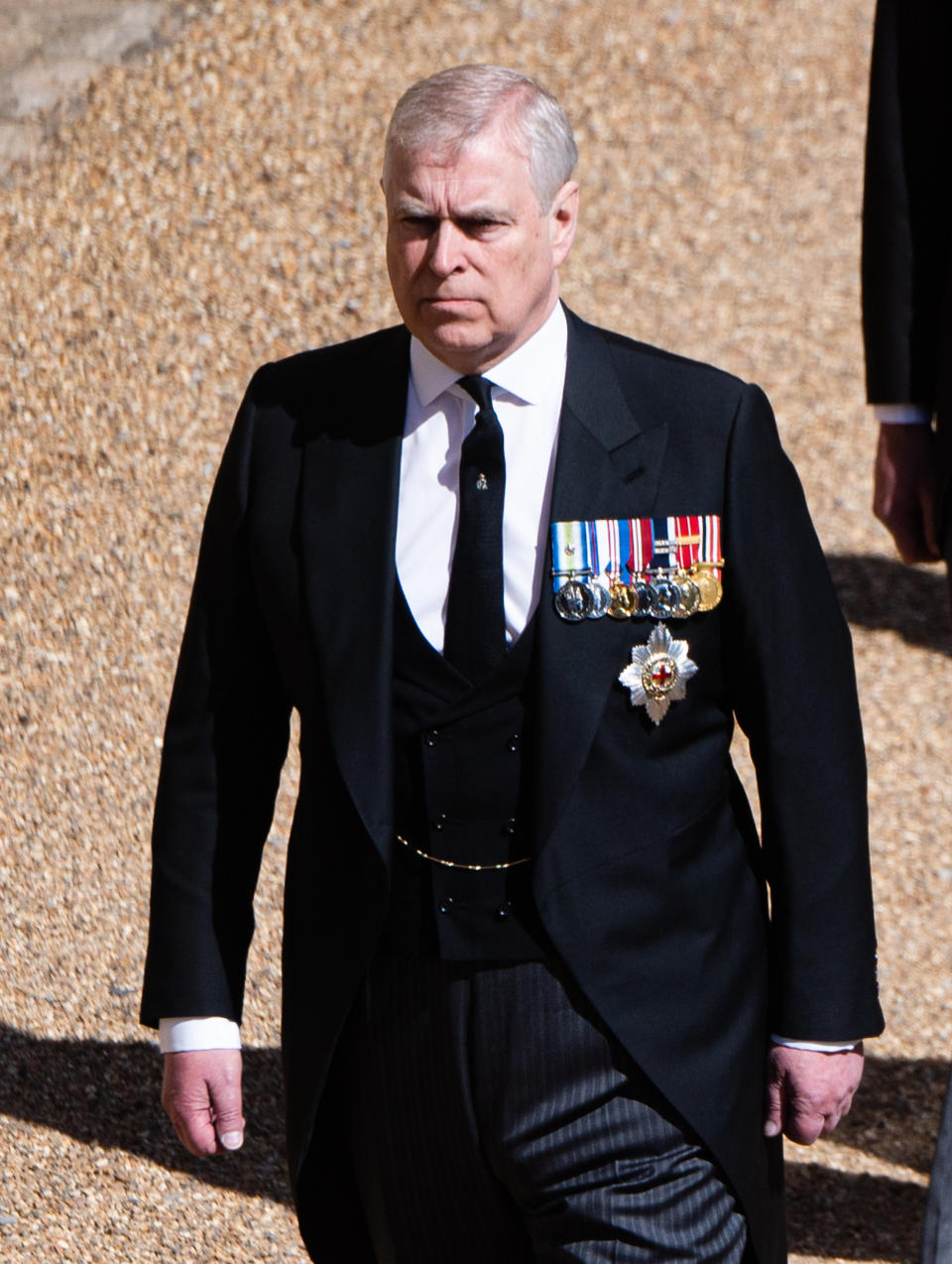 WINDSOR, ENGLAND - APRIL 17: Prince Andrew, Duke of York during the funeral of Prince Philip, Duke of Edinburgh on April 17, 2021 in Windsor, England. Prince Philip of Greece and Denmark was born 10 June 1921, in Greece. He served in the British Royal Navy and fought in WWII. He married the then Princess Elizabeth on 20 November 1947 and was created Duke of Edinburgh, Earl of Merioneth, and Baron Greenwich by King VI. He served as Prince Consort to Queen Elizabeth II until his death on April 9 2021, months short of his 100th birthday. His funeral takes place today at Windsor Castle with only 30 guests invited due to Coronavirus pandemic restrictions. (Photo by Pool/Samir Hussein/WireImage)