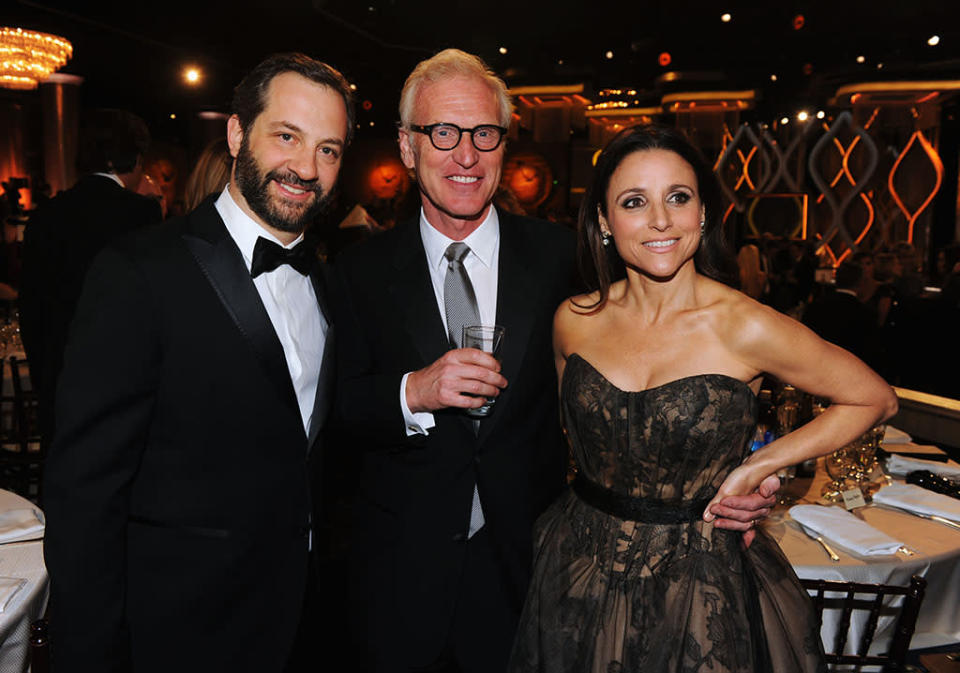 Judd Apatow, Brad Hall and Julia Louis-Dreyfus attend the 70th Annual Golden Globe Awards Cocktail Party held at The Beverly Hilton Hotel on January 13, 2013 in Beverly Hills, California.