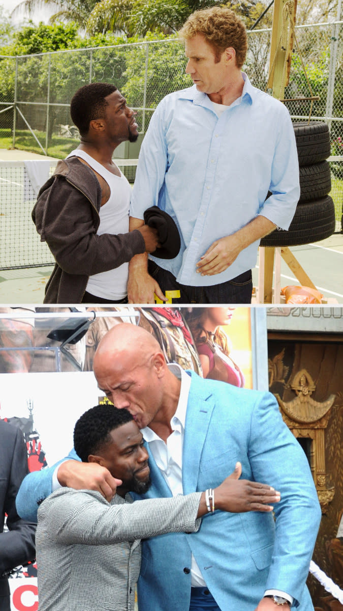 Above, Darnell and James talk on the tennis court. Below, Johnson kisses Hart on the head during a ceremony at the TCL Chinese Theatre