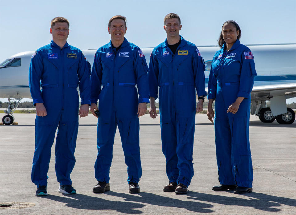 Just after the 8 astronauts from the crew arrived at the Kennedy Space Center to prepare for launch to the International Space Station.  From left to right: Russian cosmonaut Alexander Grebenkin, NASA physician-astronaut Mike Barratt, commander Matthew Dominick and Jeanette Epps.  / Credit: NASA