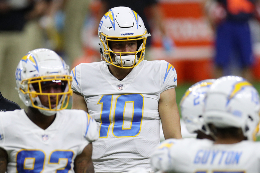 NEW ORLEANS, LOUISIANA - OCTOBER 12: Justin Herbert #10 of the Los Angeles Chargers walks on the field.