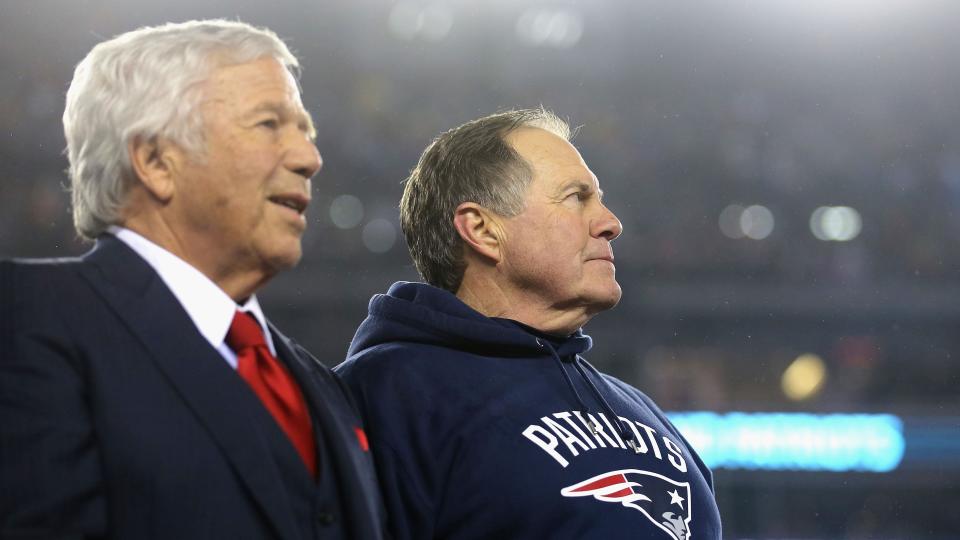 FOXBORO, MA - JANUARY 22:  Robert Kraft, owner and CEO of the New England Patriots (L), and head coach Bill Belichick of the New England Patriots look on after defeating the Pittsburgh Steelers 36-17 to win the AFC Championship Game at Gillette Stadium on January 22, 2017 in Foxboro, Massachusetts.  (Photo by Maddie Meyer/Getty Images)