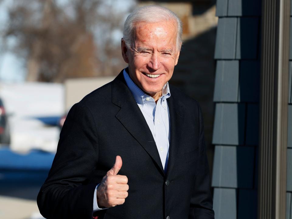 FILE - In this Dec. 2, 2019, file photo, Democratic presidential candidate former Vice President Joe Biden arrives at a stop on his bus tour, in Emmetsburg, Iowa. Joe Biden’s presidential bid got a boost Monday from one of the leading Latinos in Congress, with the chairman of the Hispanic Caucus' political arm endorsing the former vice president as Democrats’ best hope to defeat President Donald Trump. (AP Photo/Charlie Neibergall, File)