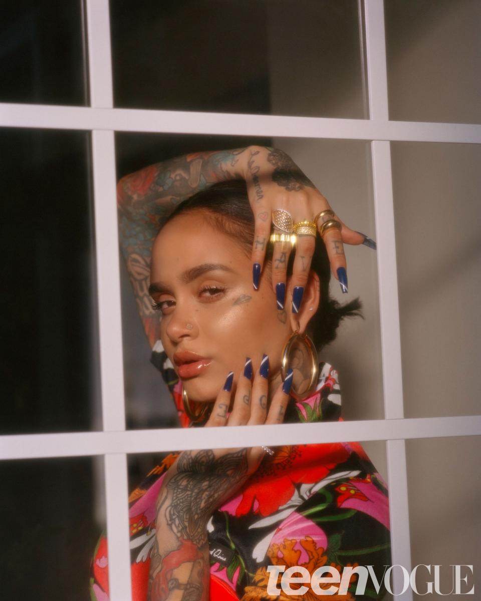 Richard Quinn Floral Velour Top, $461, available at MyTheresa; Kehlani's own pants and jewelry.