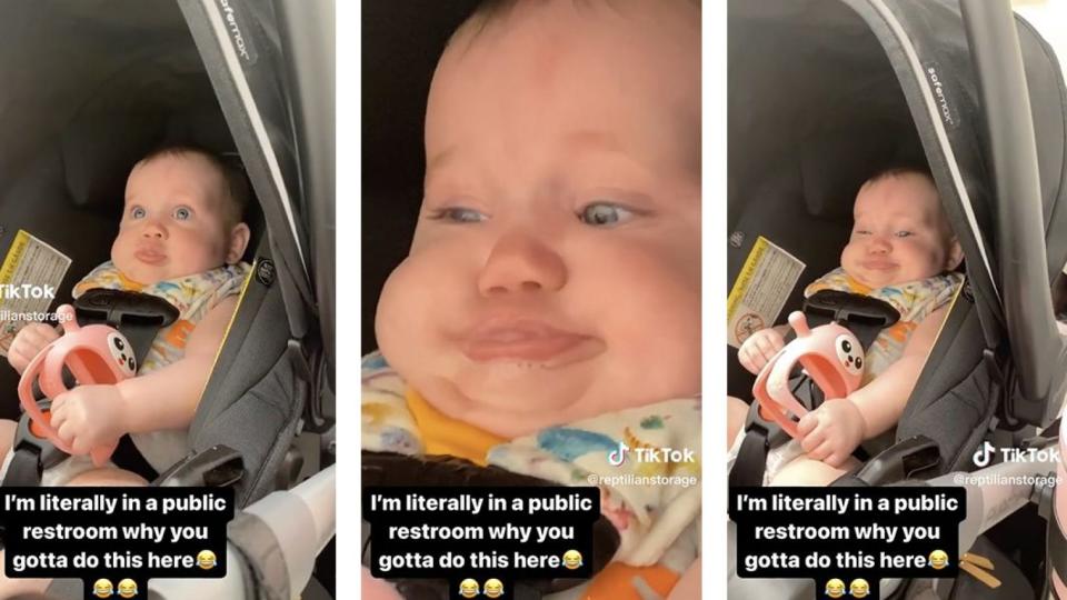 Baby humiliates mom in public restroom.