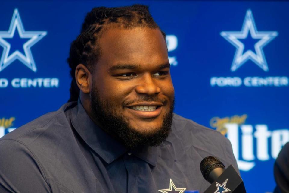 Defensive tackle Mazi Smith talks during a press conference at The Star, the Dallas Cowboys World Headquarters and practice facility in Frisco, Texas, on Friday, April 28, 2023. Smith was the Cowboys’ first pick of the 2023 NFL Draft.