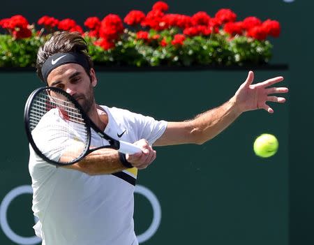 Mar 17, 2018; Indian Wells, CA, USA; Roger Federer (SUI) as he defeated Borna Coric (not pictured) during his semifinal match in the BNP Paribas Open at the Indian Wells Tennis Garden. Mandatory Credit: Jayne Kamin-Oncea-USA TODAY Sports