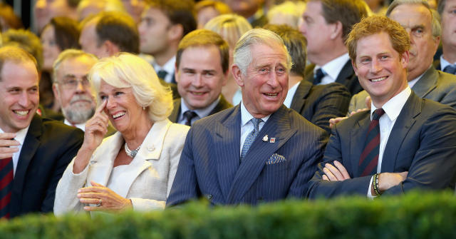 LONDON, ENGLAND - SEPTEMBER 10:  Prince William, Duke of Cambridge, Camilla, Duchess of Cornwall, Prince Charles, Prince of Wales and Prince Harry laugh during the Invictus Games Opening Ceremony on September 10, 2014 in London, England. The International sports event for 'wounded warriors', presented by Jaguar Land Rover, is just days away with limited last-minute tickets available at www.invictusgames.org  (Photo by Chris Jackson/Getty Images)