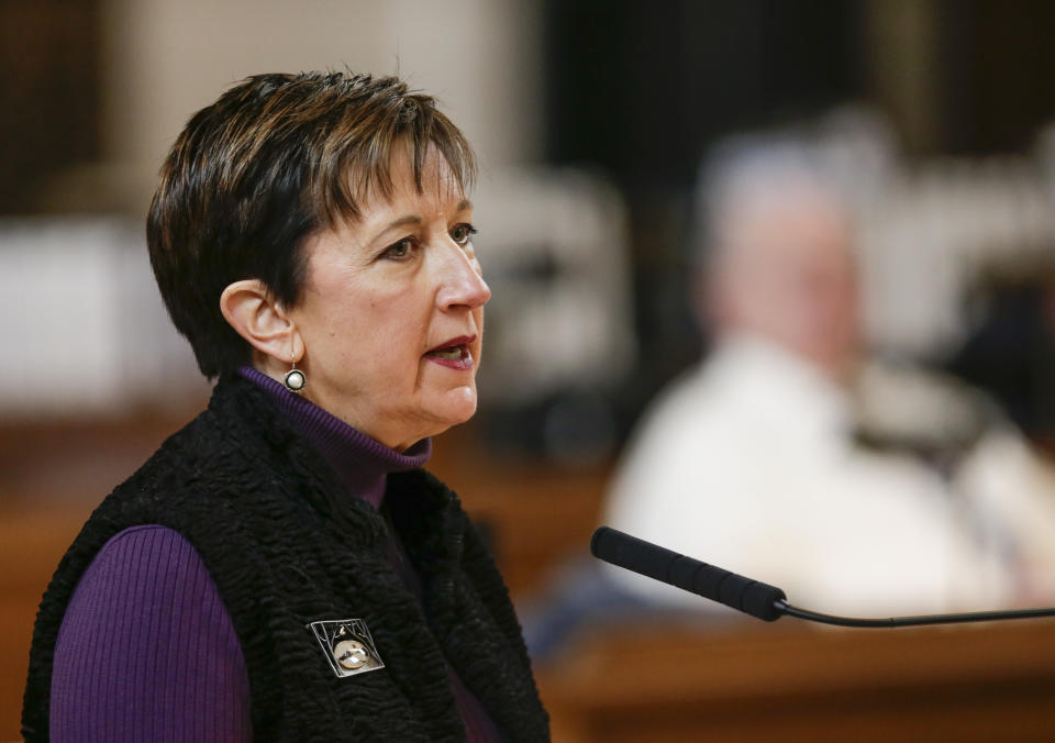 FILE - Nebraska state Sen. Patty Pansing Brooks of Lincoln speaks during debate on the state budget in Lincoln, Neb., Tuesday, April 3, 2018. When he seeks office again in 2022, U.S. Rep. Jeff Fortenberry of Nebraska will essentially face two opponents: a progressive Democrat with a lot of support in the state's second-largest city, and a federal prosecutor in California who has accused him of lying to the FBI. (AP Photo/Nati Harnik File)