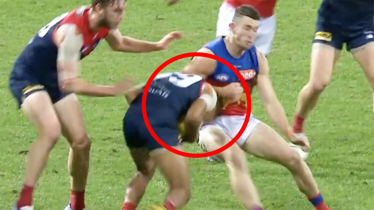 Brisbane Lions star Daniel McStay is sweating on the verdict for this bump on Melbourne's Neville Jetta during their match on Sunday evening. Picture: Fox Footy/AFL 