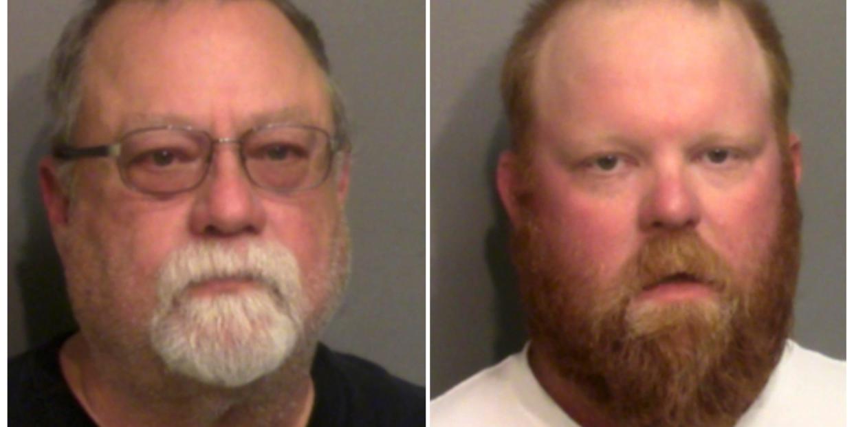 Former police officer Gregory McMichael, 64, and his son Travis McMichael pose for a booking photo they were arrested by the Georgia Bureau of Investigation and charged with murder in the shooting death of unarmed black man Ahmaud Arbery, in Brunswick, Georgia, U.S. in a combination of photographs taken May 7, 2020. Glynn County Sheriff?s Office/Handout via REUTERS. 